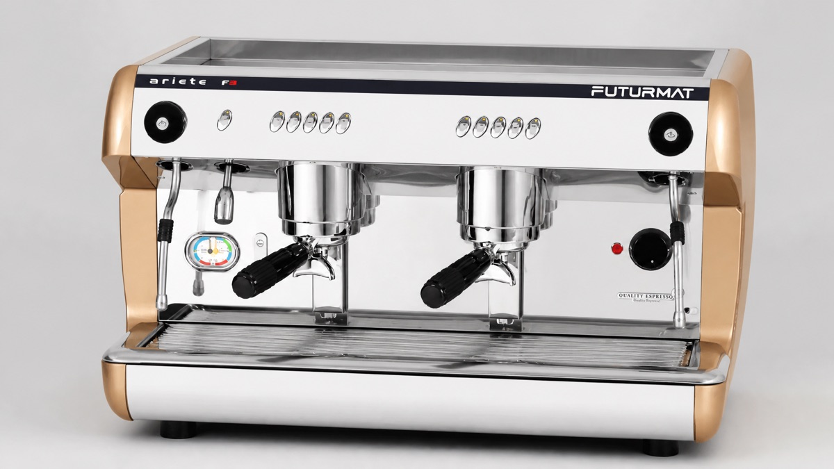 Futurmat Ariete F3 two group commercial espresso machine with gold side panels