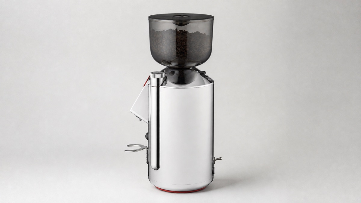 La Pavoni Cilindro chrome coffee grinder with smoked hopper on a plain background