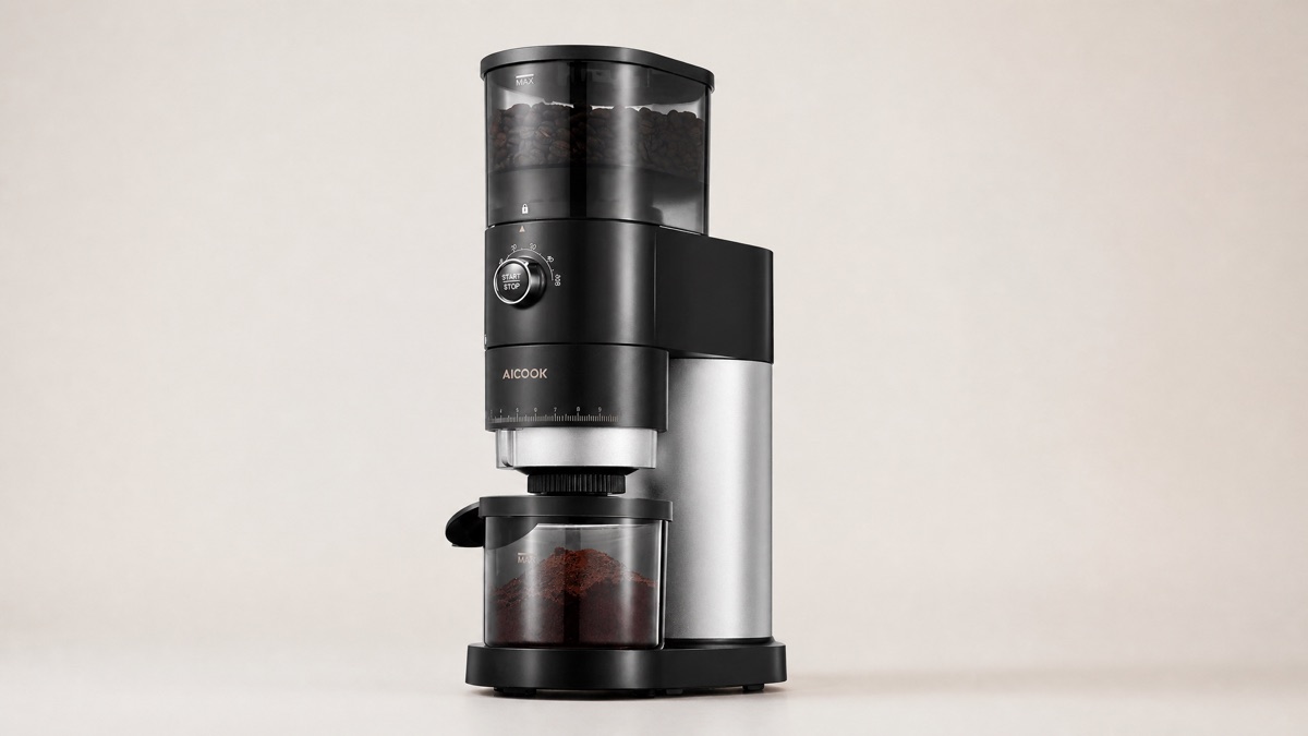 Aicook CG9400D conical burr coffee grinder with a bean hopper and ground coffee bin on a plain background