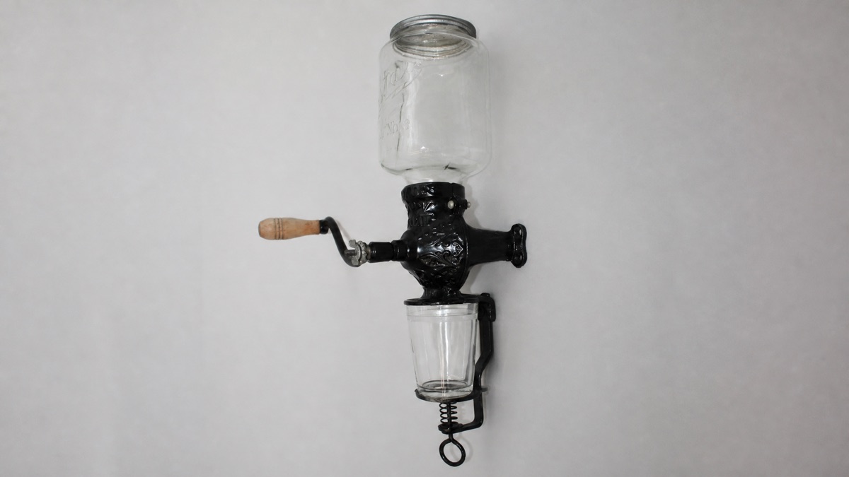 Arcade Crystal antique cast iron wall mount coffee grinder with glass hopper