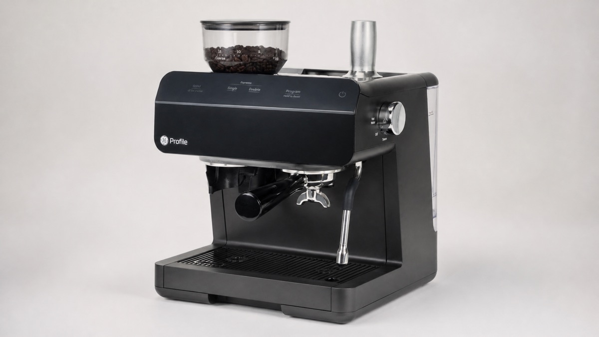 Black GE Profile semi-automatic espresso machine with bean hopper, portafilter and steam wand