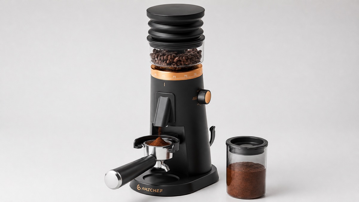 AMZCHEF coffee grinder on a plain background