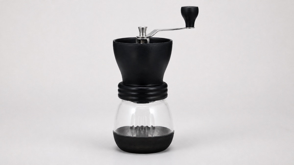 Kyocera ceramic hand coffee grinder with glass jar on a neutral background