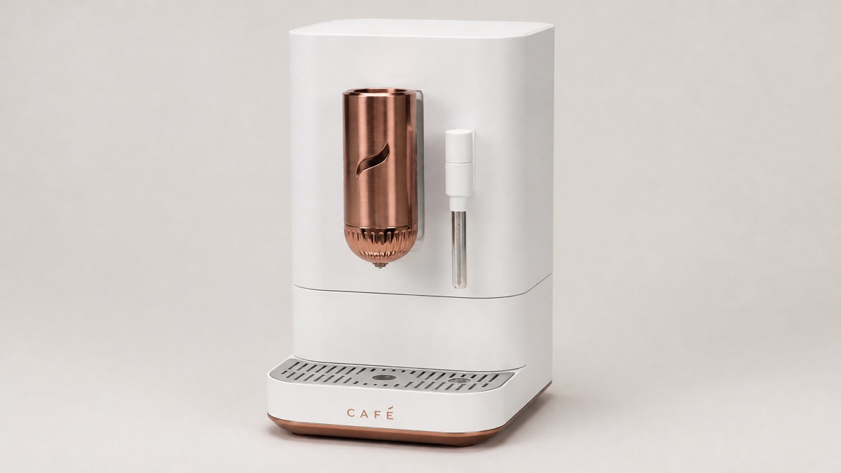 GE Cafe Affetto espresso machine in matte white with copper accents