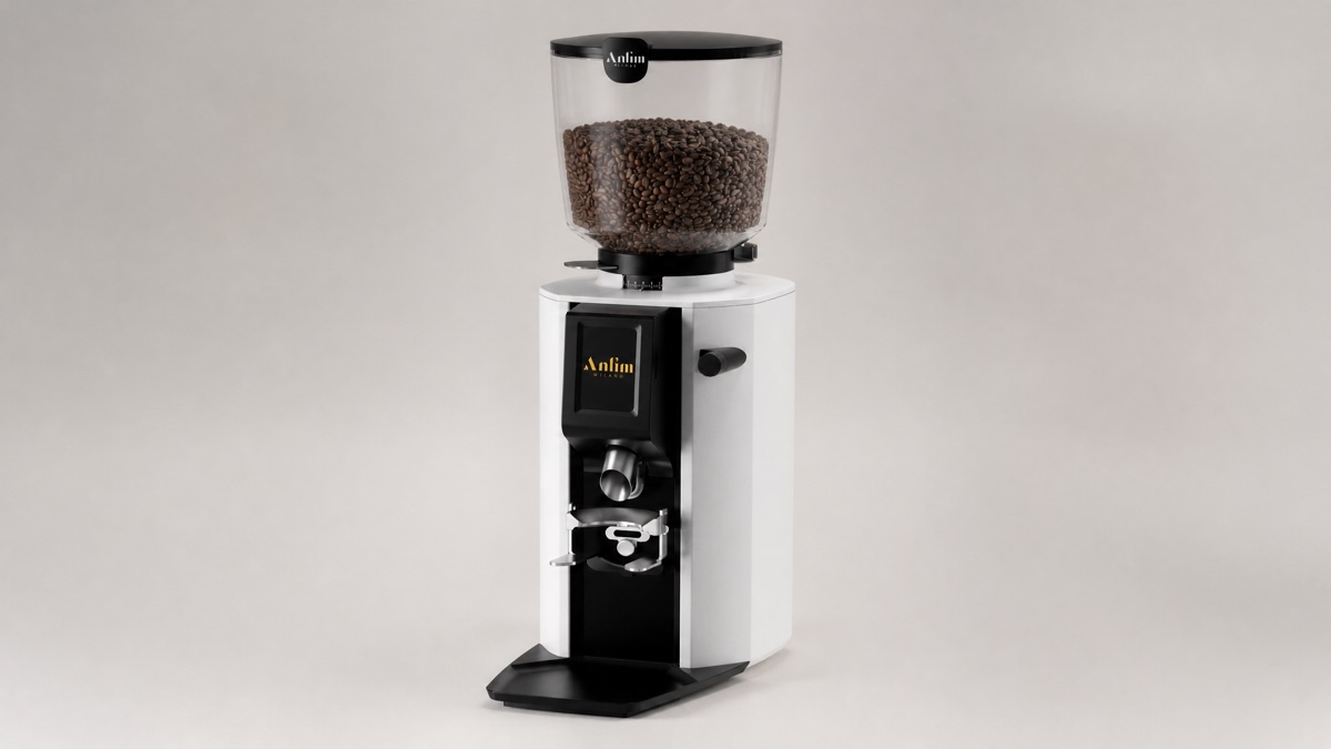 Anfim espresso grinder on a plain neutral background