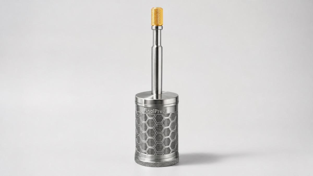 FinalPress stainless steel micro French press with hexagon mesh body and gold knob on a plain background