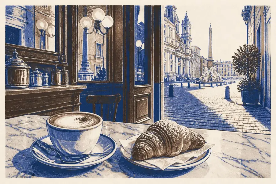 Illustration of a cappuccino and a cornetto on the marble counter of a historic Roman café, with a cobbled lane visible through the doorway