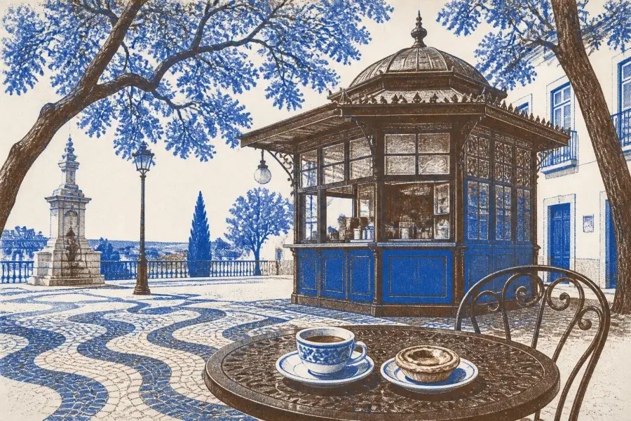 Illustration of an ornate green Lisbon kiosk in a cobbled square, with a small espresso cup and a pastel de nata on a café table