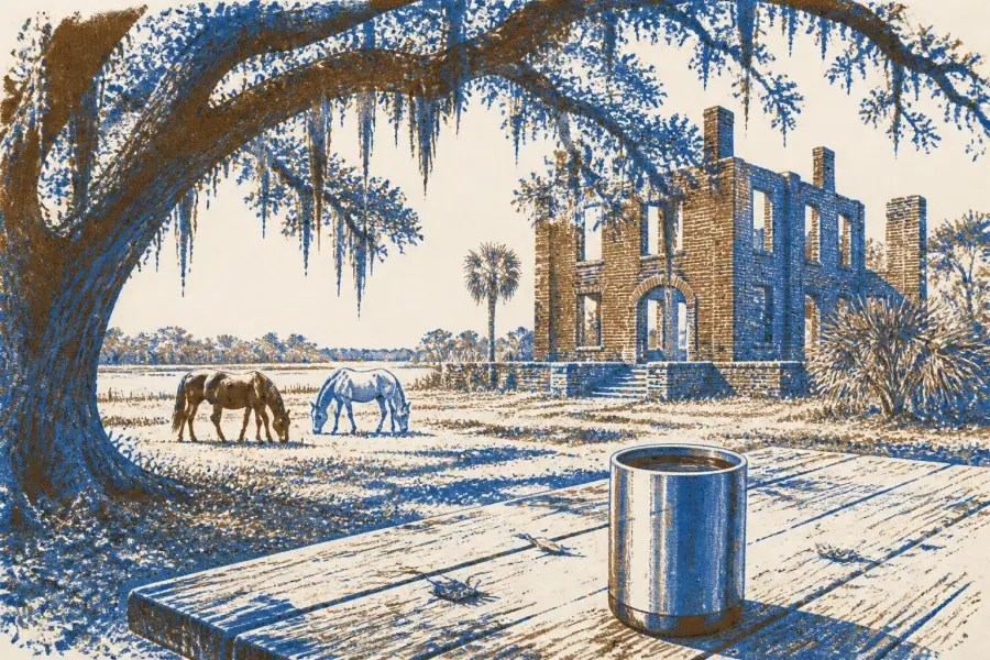A thermos cup of coffee on a weathered picnic table under live oaks, with the Dungeness ruins and grazing wild horses behind