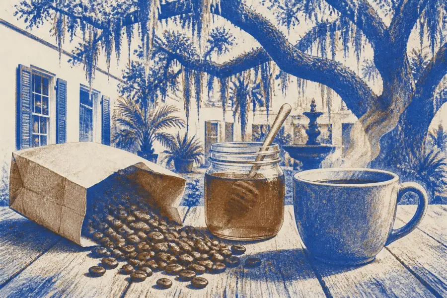A bag of honey-glazed coffee beans beside a honey jar and a mug of brewed coffee on a table under Spanish moss