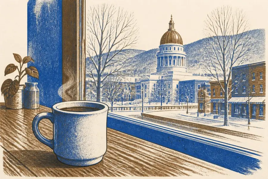 A cup of single-cup brewed coffee on a wooden counter in a small café near the West Virginia State Capitol