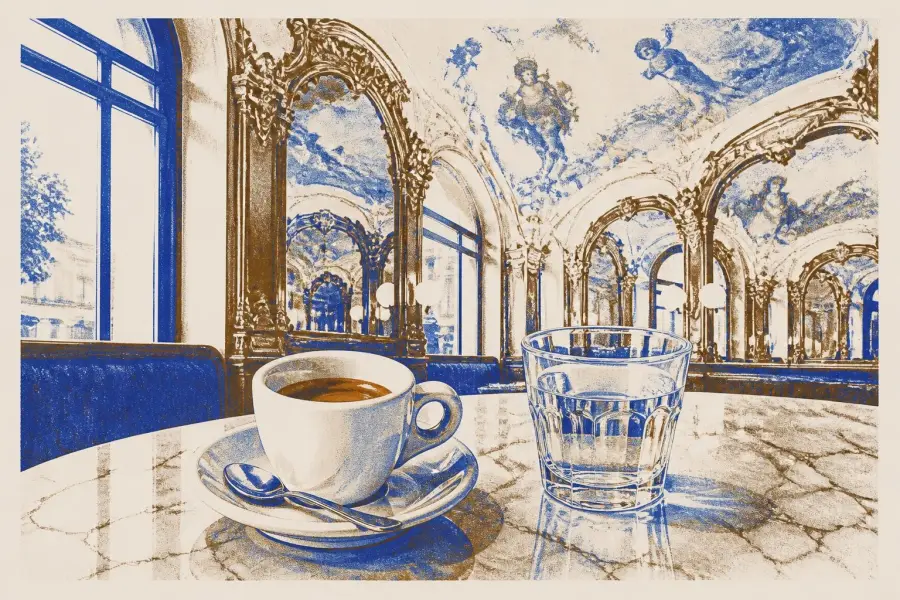 A short espresso in a thick white cup on the marble bar of an ornate Art Nouveau café in Naples