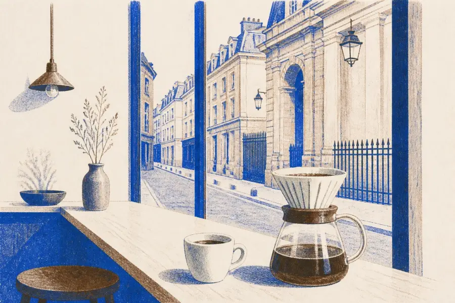 A filter coffee and espresso on a pale wooden counter in a small minimalist Paris café with tall windows onto a quiet stone street