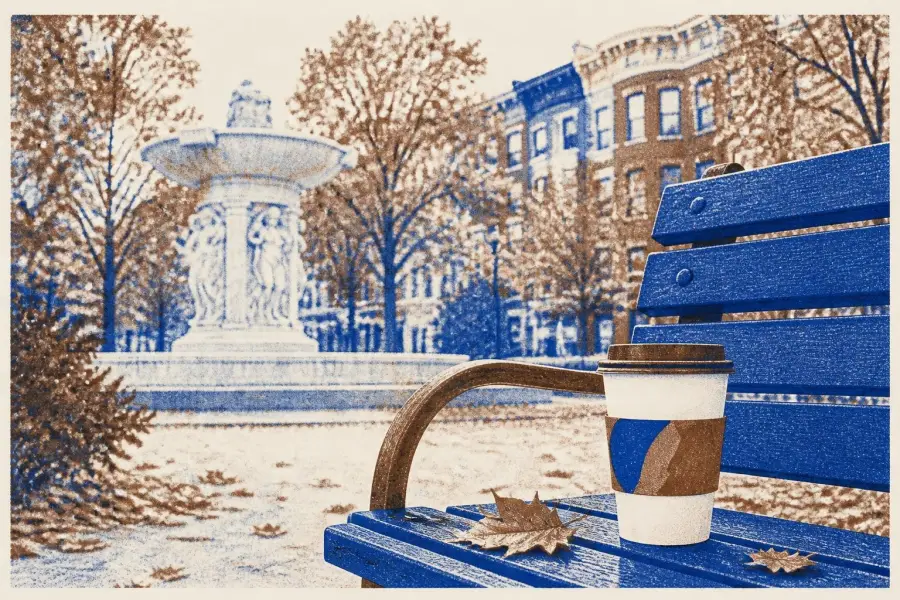 Illustration of a paper coffee cup on a park bench beside the white marble fountain at Dupont Circle, with townhouses behind the trees