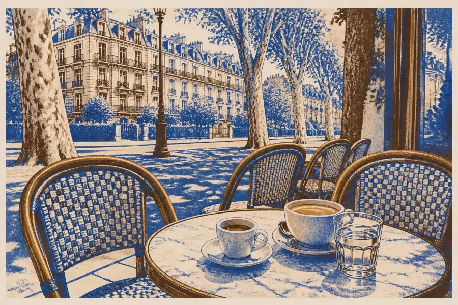 Small round marble tables and wicker chairs facing the street on a Paris café terrace, an espresso and a café crème on the nearest table