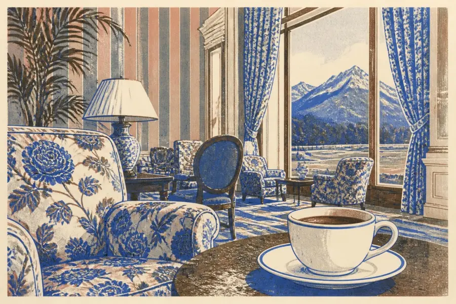 A china coffee cup on a table in a grand resort lobby decorated with bold floral wallpaper and green and pink furnishings